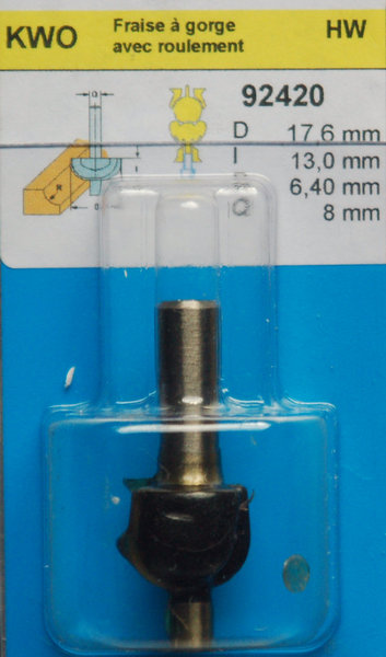 Fraise de défonceuse à gorge avec roulement D.17,6mm KWO