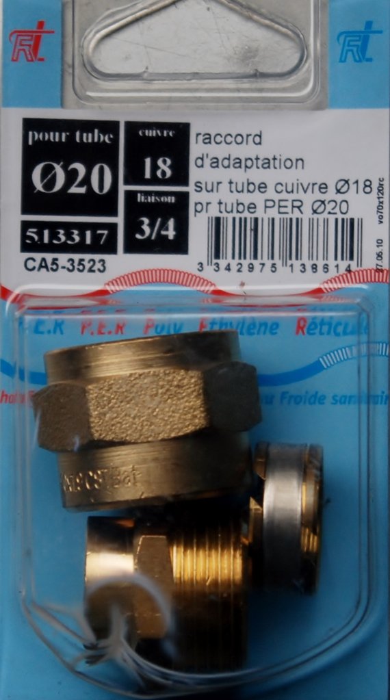 Raccord adaptation instantané sur tube cuivre D.18 pour tube PER D.20