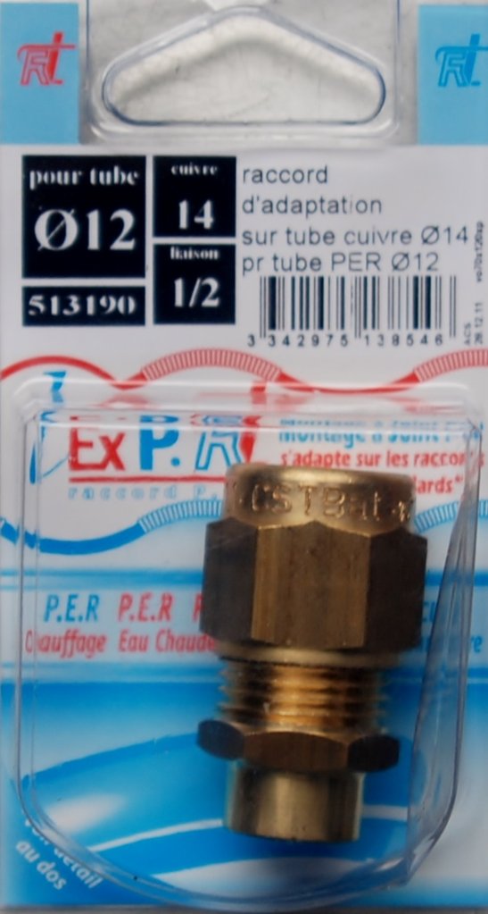 Raccord adaptation sur tube cuivre D.14 pour tube PER D.12